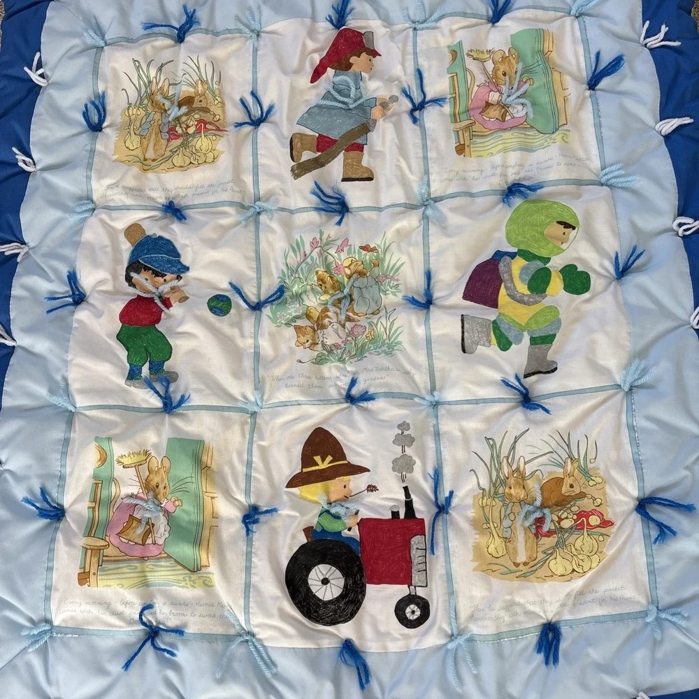 Vtg Baby Nursery Quilt Yarn Tied Peter Rabbit Koala Bear‎ Flannel Blanket